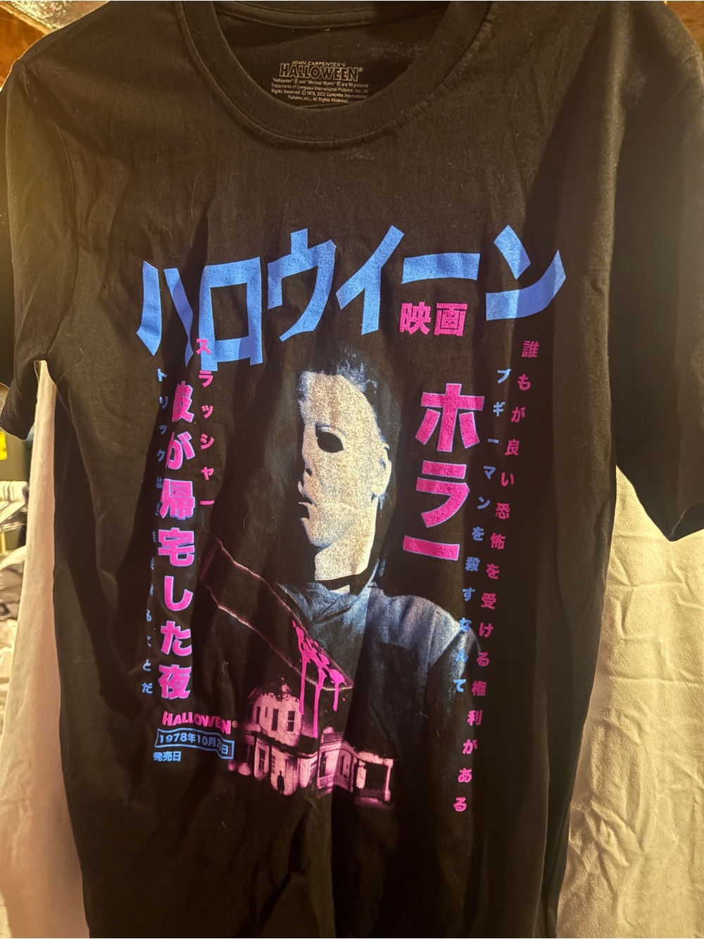 Halloween Michael Myers Graphic T‑Shirt in Black with Blue & Pink Size Small